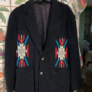 Golden Pioneer Wear Indian buffalo nickel button black embroidered wool coat